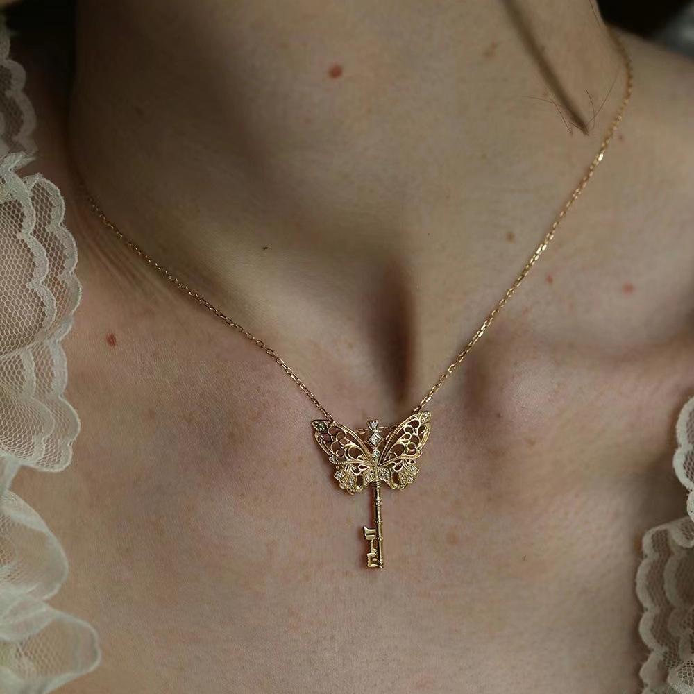 18k Gold Plated Butterfly Key Necklace: Elegant French Hollow Design for Women
