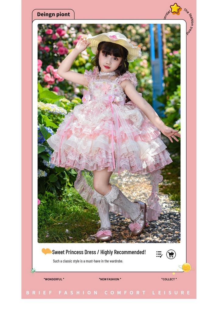 Girls' Pink Lolita Princess Dress - Summer Floral Birthday Gown
