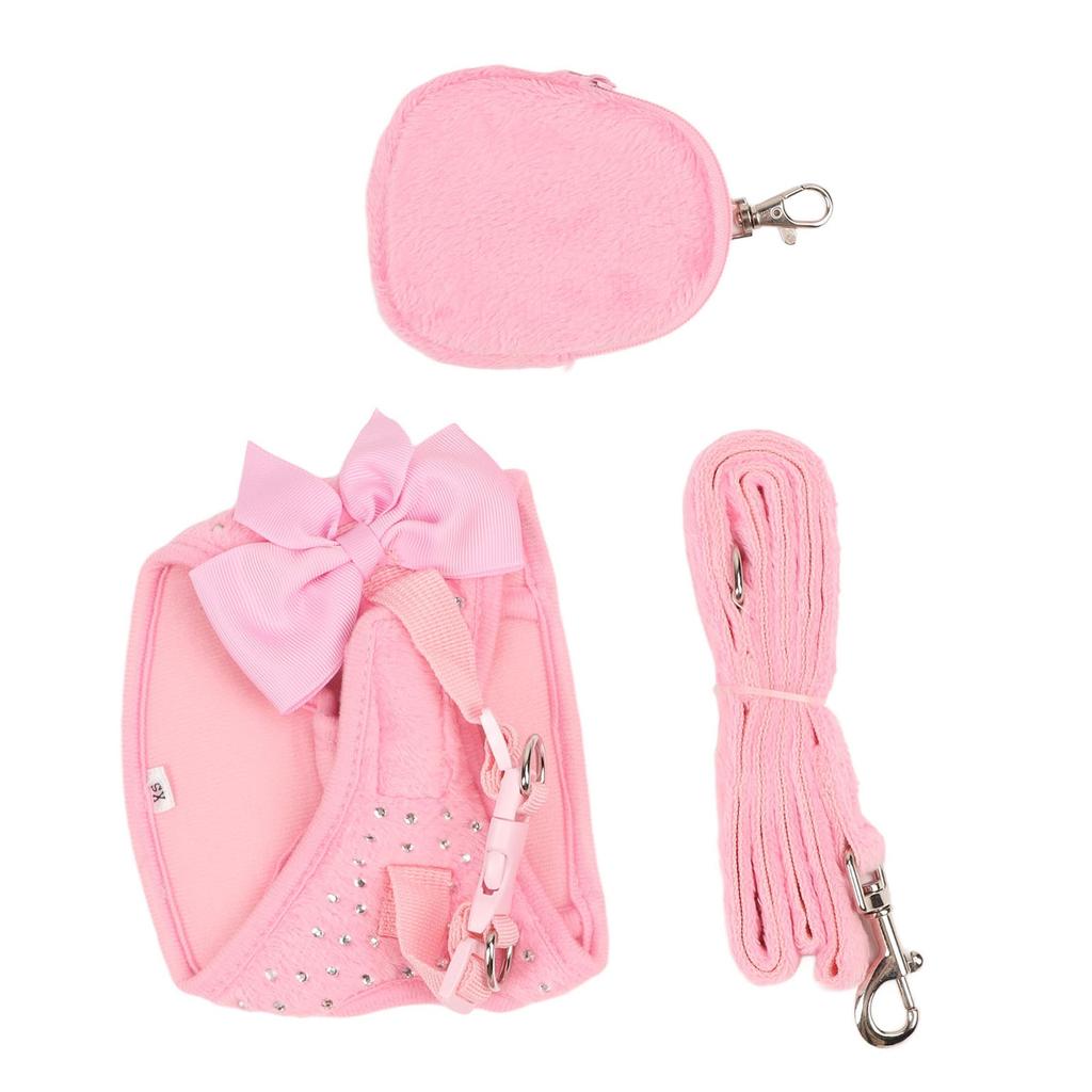 Dog Harness Leash Cute Bow Rhinestone Decoration Breathable Adjustable Pet Vest Traction Rope Set for Small Dogs Cats Pink