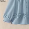 VONDA Summer Women Lapel Neck 3/4 Sleeve Ruffled Casual Blouse Tops