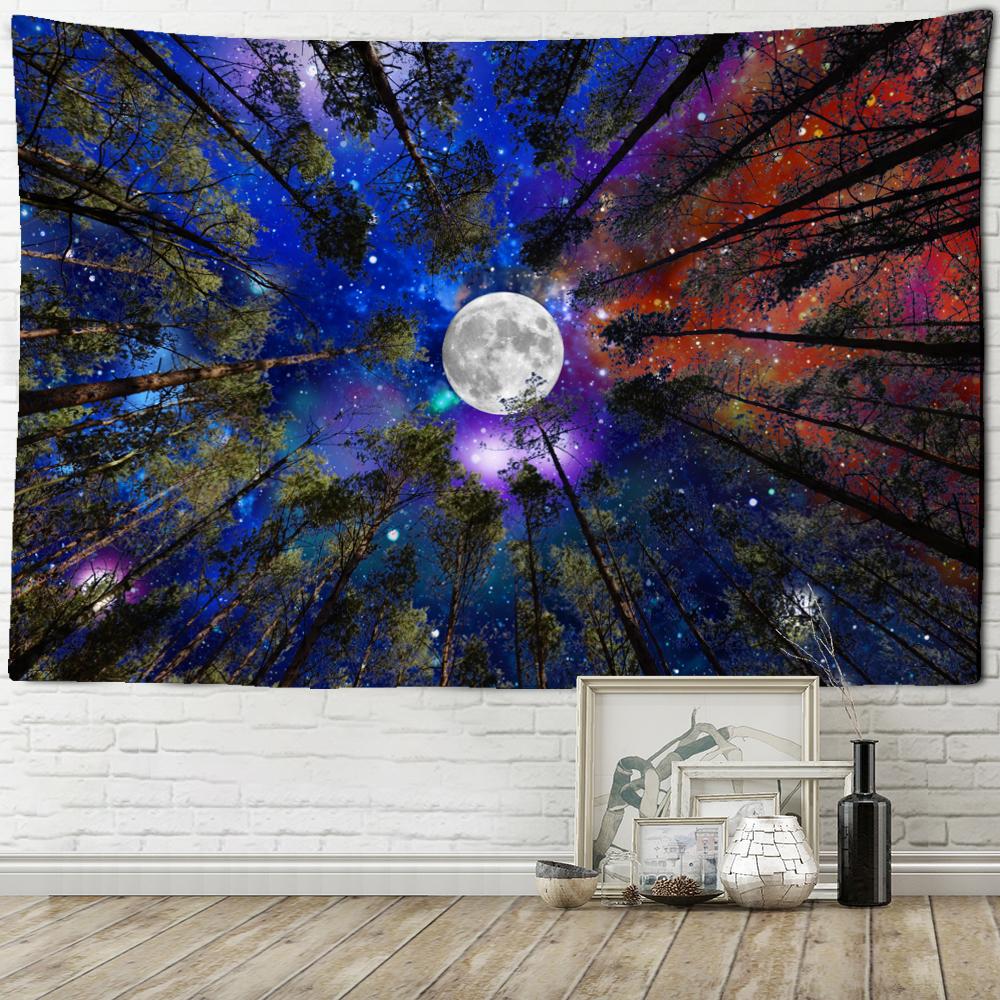 Moon Forest Tapestry Wall Hanging Psychedelic Night Sky Trees and Stars Fabric Polyester Home Decor Background Fabric
