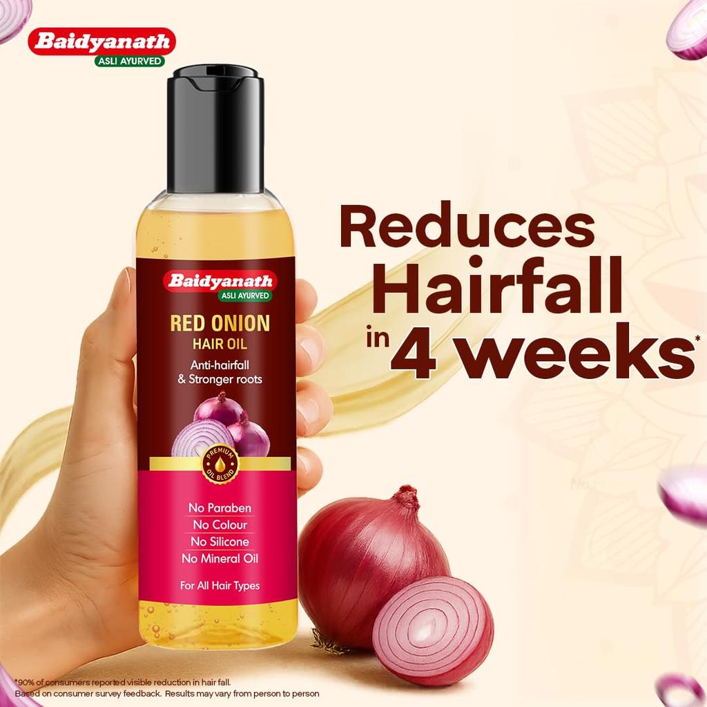 Baidyanath Red Onion Hair Oil 200ml | Natural Hair Nourishment For Stronger, Shinier, Smoother Hair | Reduces Hair Fall & Promotes Growth