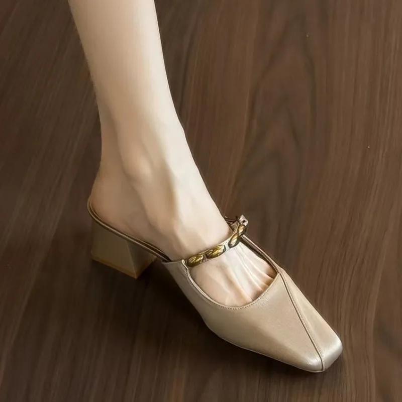 Fashion Elegant Women Slippers Square Toe High Heels Shoes Summer Mules Shoes 2025 New Sandals Designer Woman Pumps Fashion Sandalias