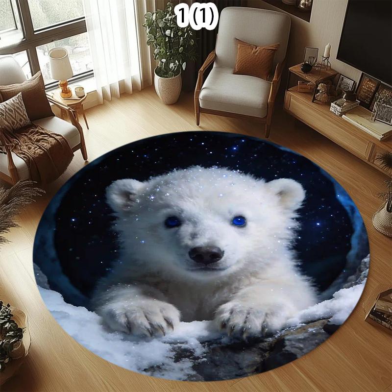 2D Polar Bear Hole Area Rug, Realistic Arctic Bear Print Round Carpet, Non-Slip Funny Floor Mat, Christmas Living Room Decor Rug