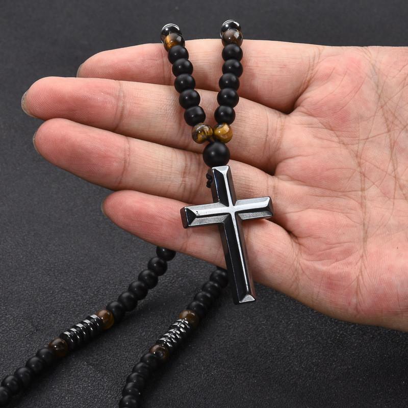 Obsidian Tiger Eye Hematite Cross Beaded Necklace For Men Fashion Accessory