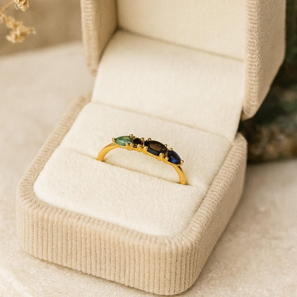 Smokey Quartz Engagement Ring for Women – Yellow Gold Plated Multi-Stone Ring | Sapphire, Aquamarine, Black Feldspar | Anniversary, Promise Gift