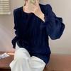 Camicia in Chiffon con Maniche Svasate Plissettate Blusa Donna Girocollo Tinta Unita Ampia Versatile Camicia a Maniche Lunghe Top