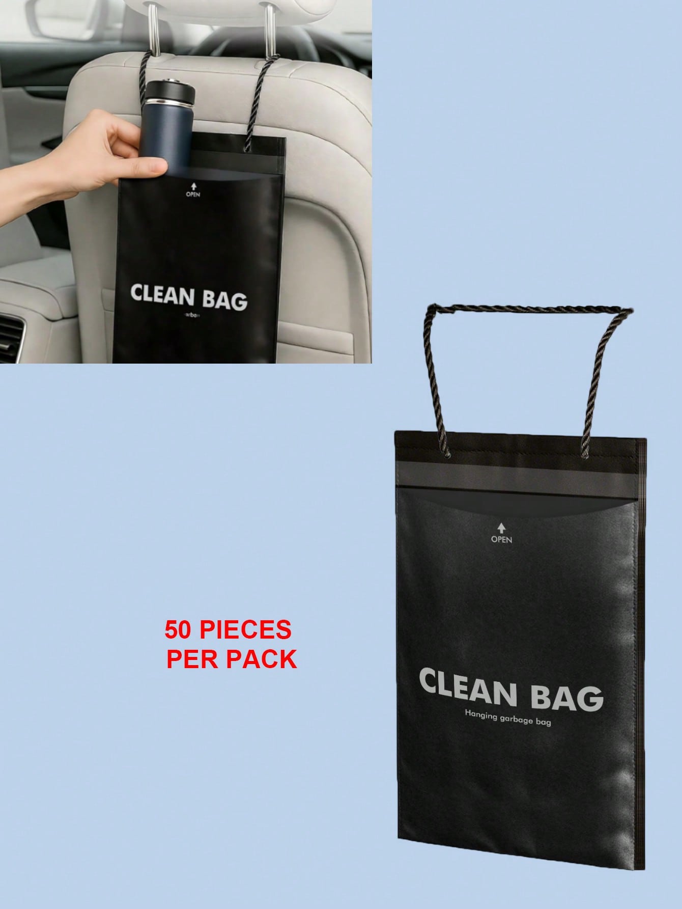 

Hanging Car Trash Bag - Thickened PE, Long Strap, Hangable & Stickable, Large Capacity for Waste & Daily Items чёрный