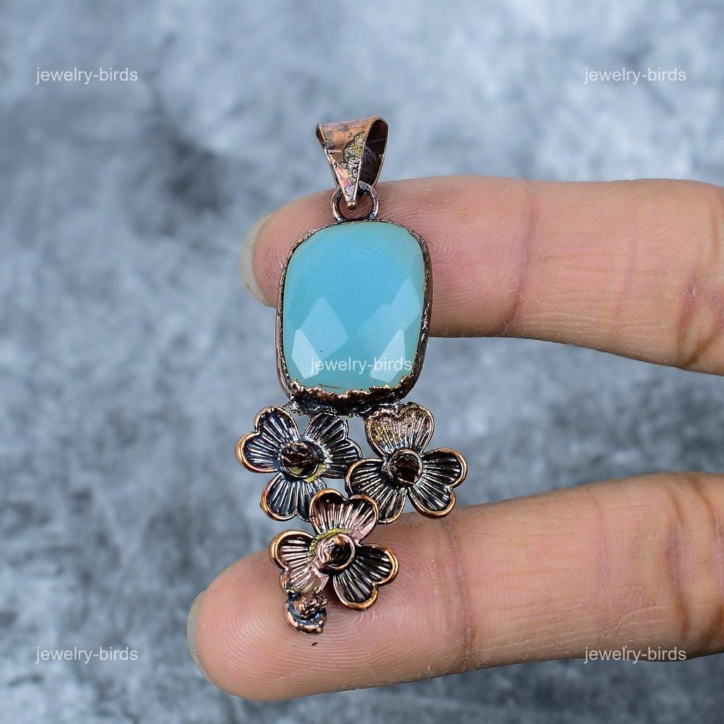 Square Natural Blue Chalcedony Copper Electroformed Handcrafted Pendant Jewelry VP-45