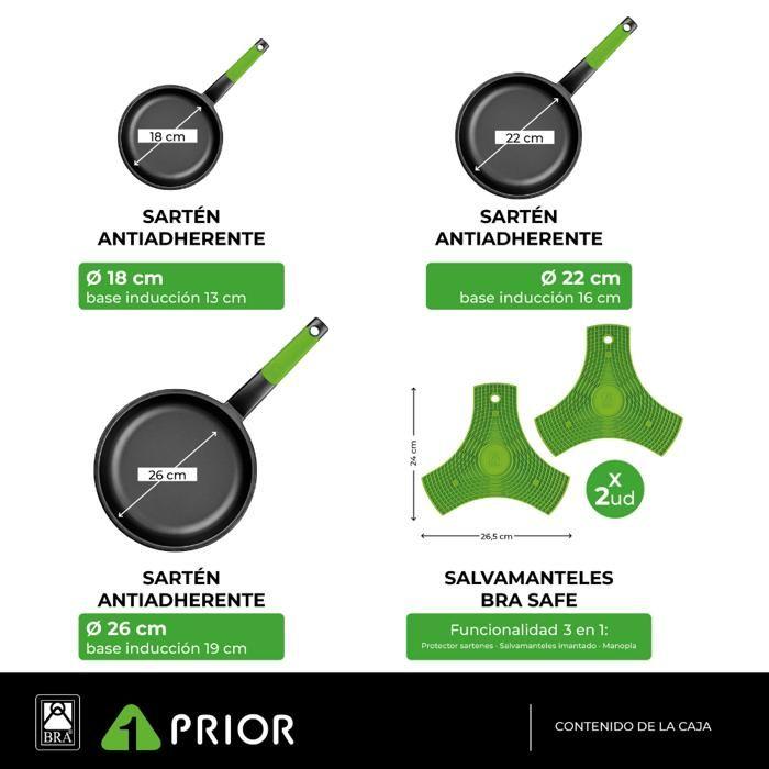 Bra prior | set de 3 poêles 20|24|28 cm, fonte d’aluminium avec antiadhésif innovations sans pfoa, compatibles tous feux dont