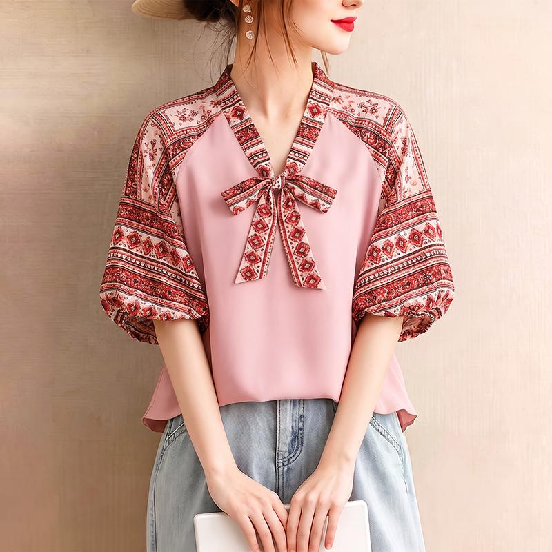ZANZEA Camicetta Casual da Donna con Stampa Etnica, Scollo a V, Manica Corta Ampia