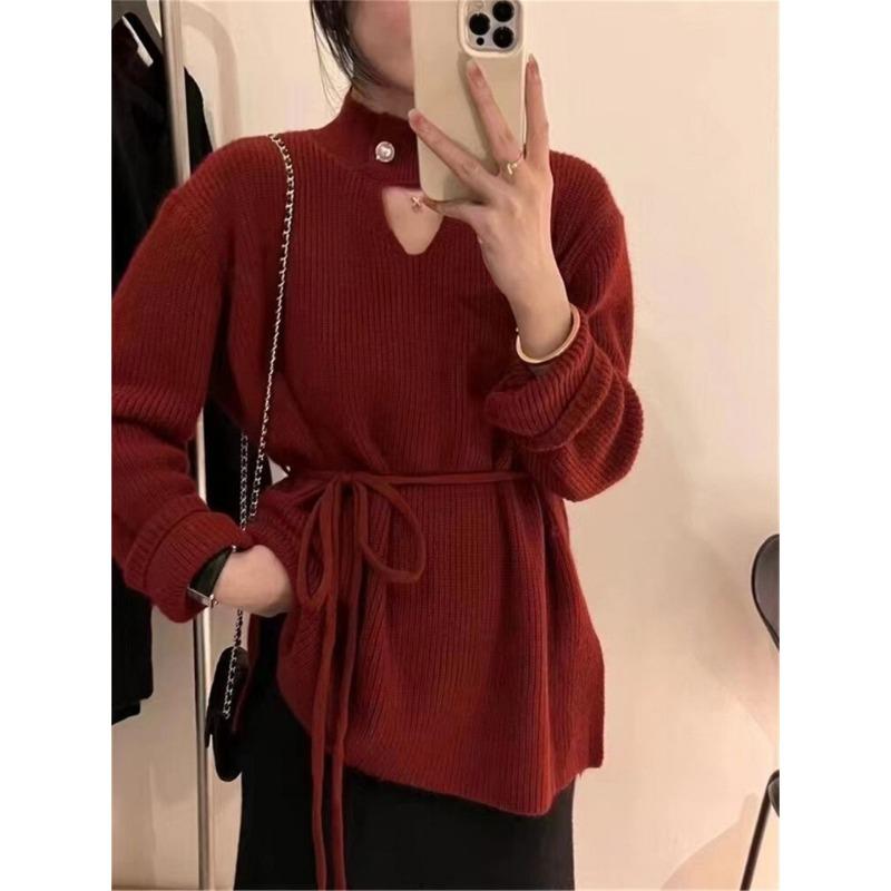 

Drawstring waist knitted sweater autumn and winter new medium and long soft waxy lazy wind semi-turtleneck machine hollow sweater women красный