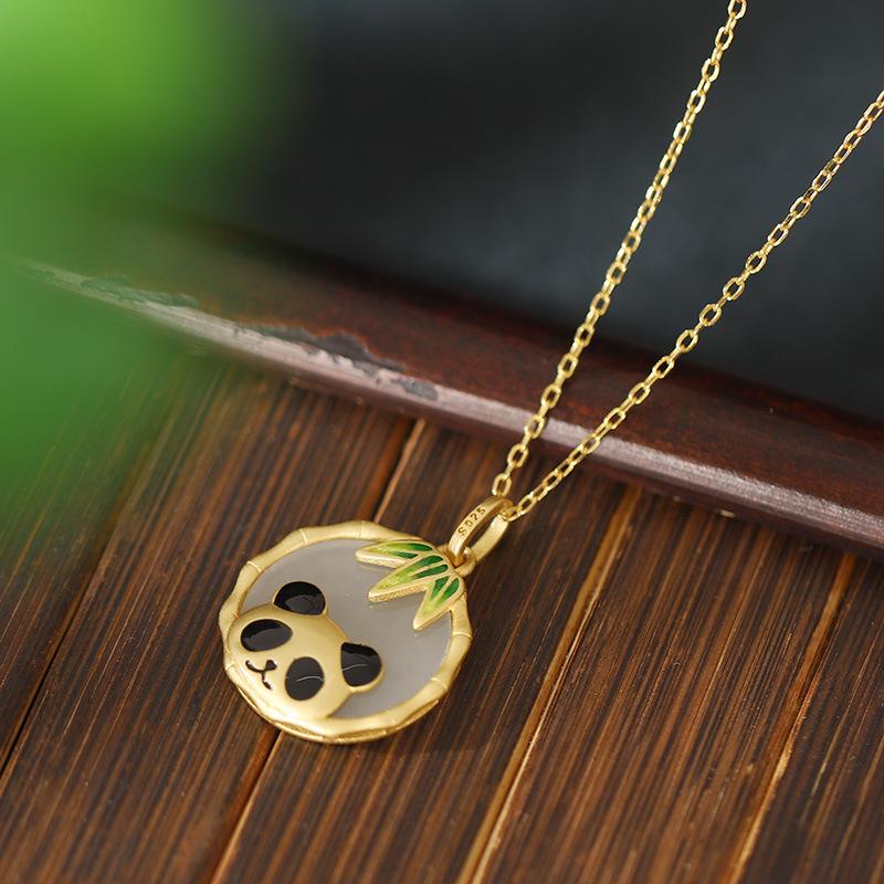 Hetian Jade Panda Bamboo Pendant Necklace for Women