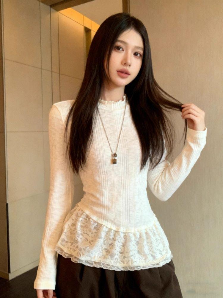Women's Lace-Trim Long Sleeve Korean-Style Sweet & Spicy T-Shirt: Slim-Fit Autumn/Winter Base Layer Top