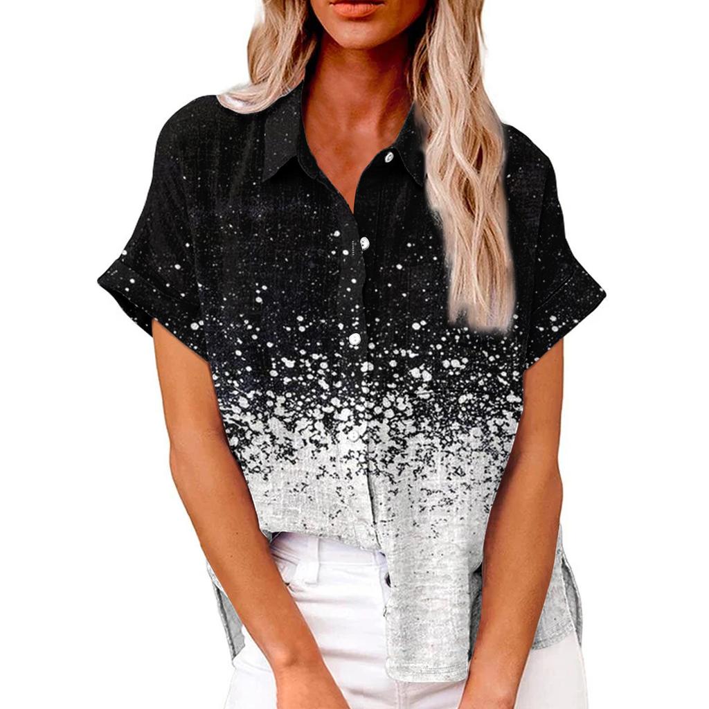 Women's Fashion Loose Casual Short Sleeve Lapel Button Down Shirt Printed T-Shirt Top