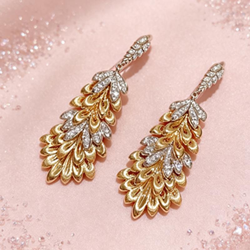 

Huitan Brilliant Leaf Drop Earrings Chic Noble Opulent Two-tone Piercing Accessories Exquisite Temperament Wedding Party Zircon