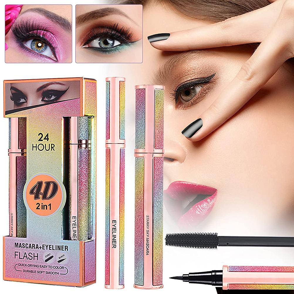 4D Silk Fibre Mascara and Eyeliner Set Smudge Proof Curling Mascara Liquid Eye Liner Pencil Eye Make Up Tool
