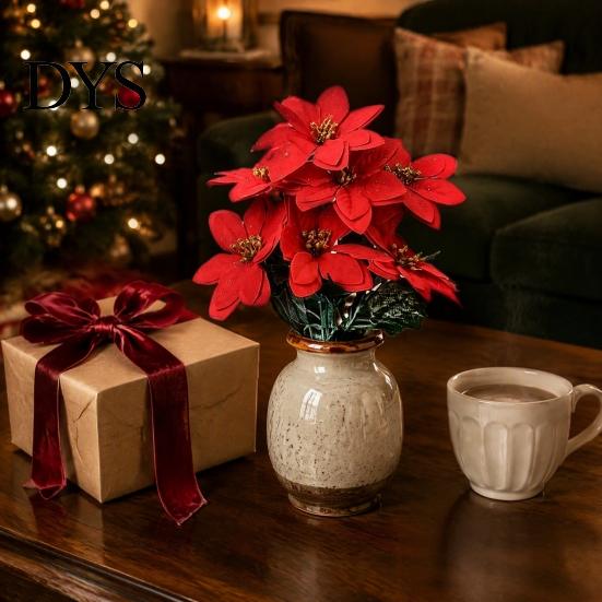 Indoor Holiday Ornament for Mantel Artificial Poinsettia Flowers, Christmas Red Bouquet with Berries, Faux Silk Maintenance Free Plant Decor