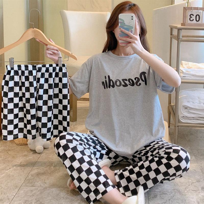 3PCS/Set Sexy Nightwear Women Letters Plaid Print Silk Pajamas Girl Sleepwear Round Neck Loungewear Ladies Casual Soft Home Wear