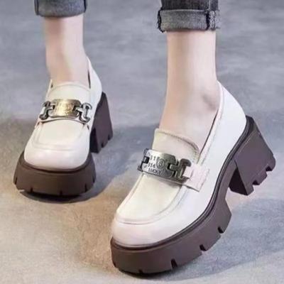 Women's Shoes 2024 High Quality Slip On Women Pumps Autumn Round Toe Metal Decoration Solid Dress Platform Chunky Heels Loafers