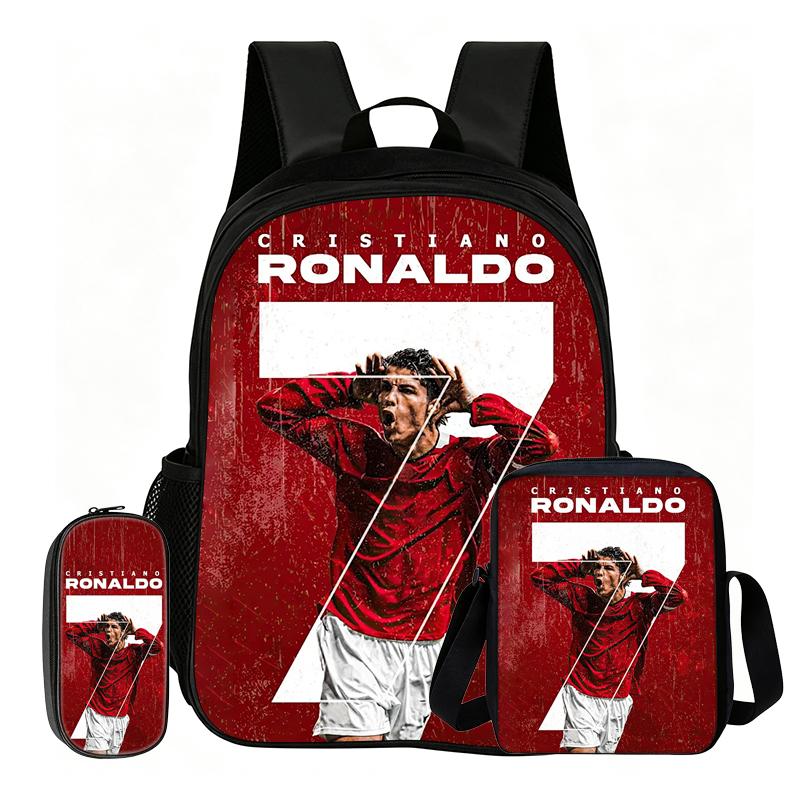 Ronaldo Student 3Pcs Set Backpack Kids School Shoulder Bag,Pencil Bags,Football Sport Bookbag Football Star Rucksack