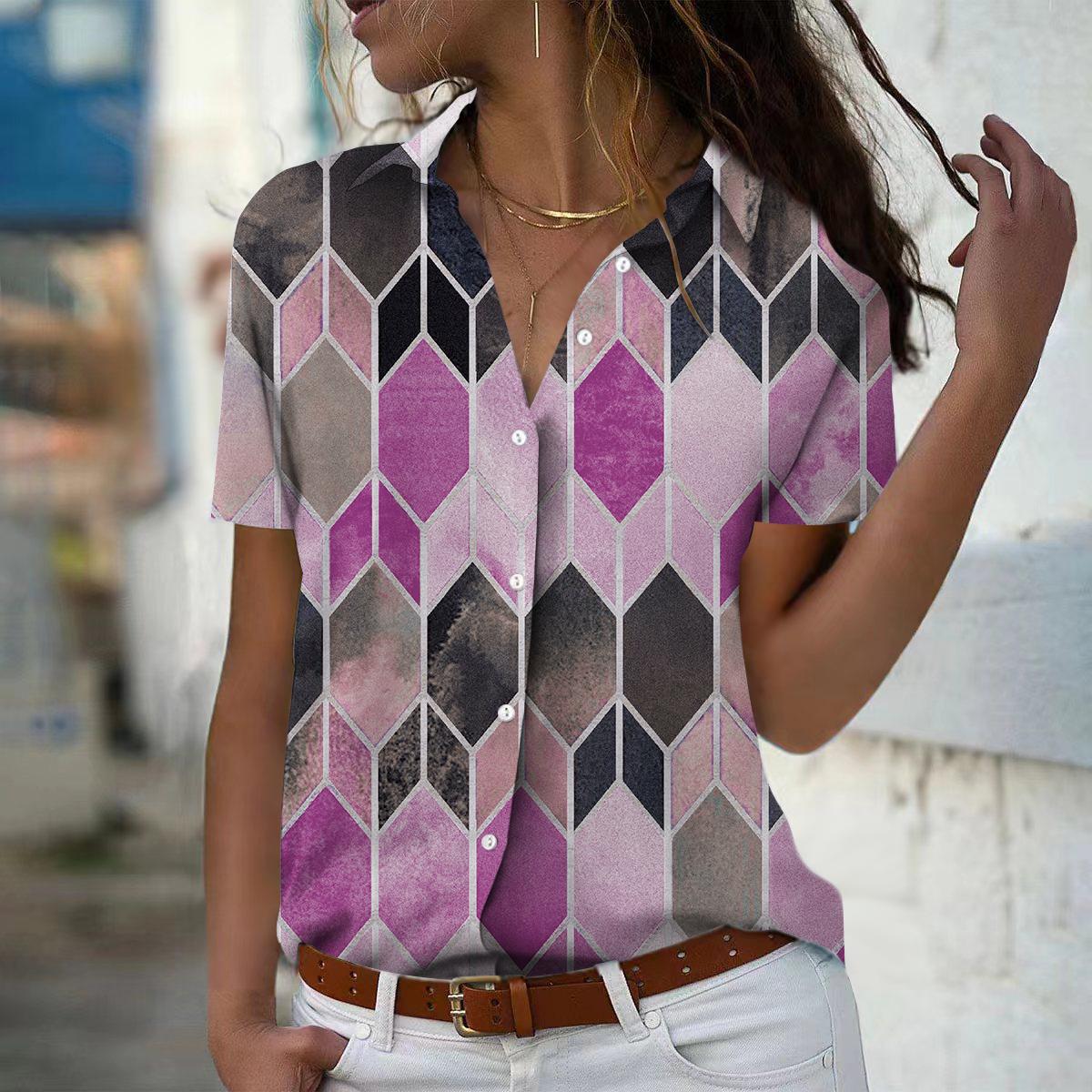 

2025 Summer New Fashion Women s Geometry Printed Short Sleeve V-neck Casual Button-down Shirt Top XS фіолетовий