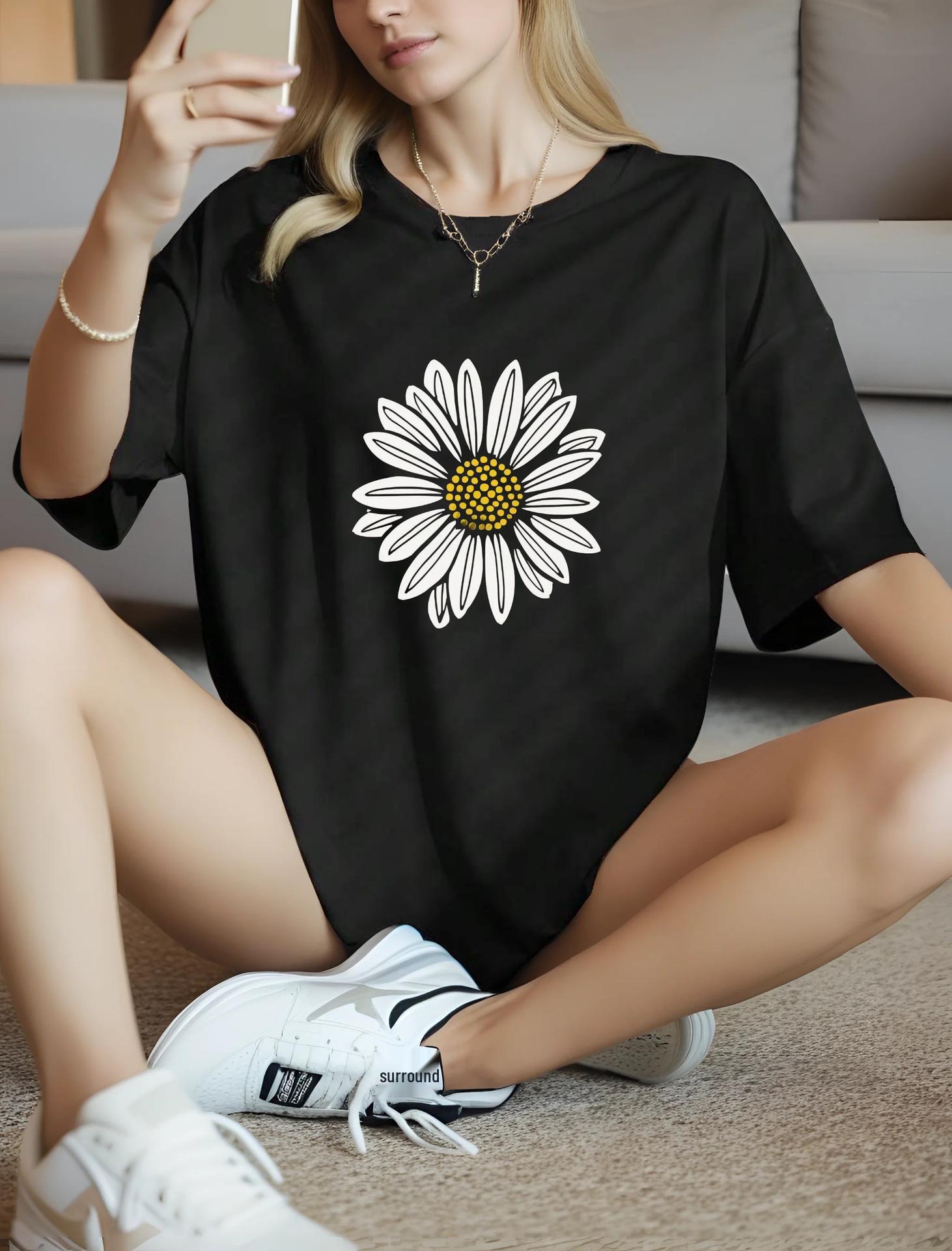 

Женский европейский и американский топ с круглым вырезом и короткими рукавами с цветочным принтом M чёрный