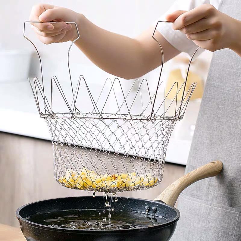 1PC 304 Stainless Steel Frying Basket Household French Fries Fried Chicken Wings Telescopic Folding Round Filter Drain Basket Frying Basket