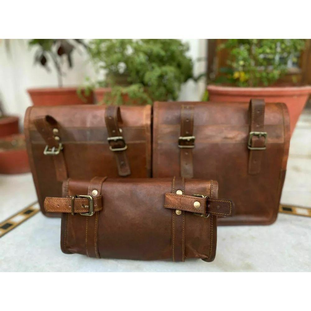 Saddlebags Motorcycle Side 3 Pouch Leather Panniers 3 Bags (2 Large + 1 Small)