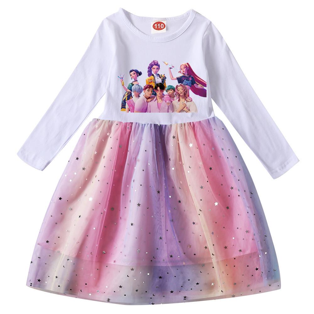 Rochie Casual din Bumbac cu Mâneci Lungi cu Paiete Curcubeu cu Imprimeu Anime Desene Animate K-Pop Rumi Zoey Mira pentru Copii Fete