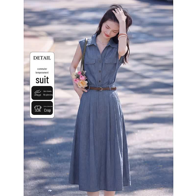 Women s Linen Blend Sleeveless Shirt & Denim-Style Skirt Set M