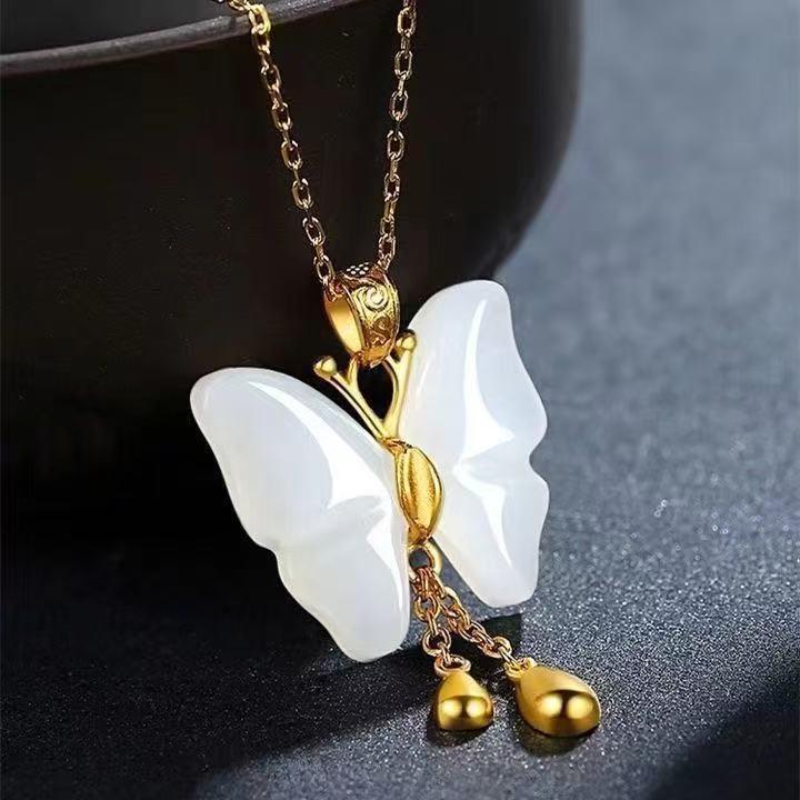 Elegant Gold & White Jade Butterfly Necklace: Exquisite Heavy Workmanship, Versatile & Luxurious Clavicle Chain