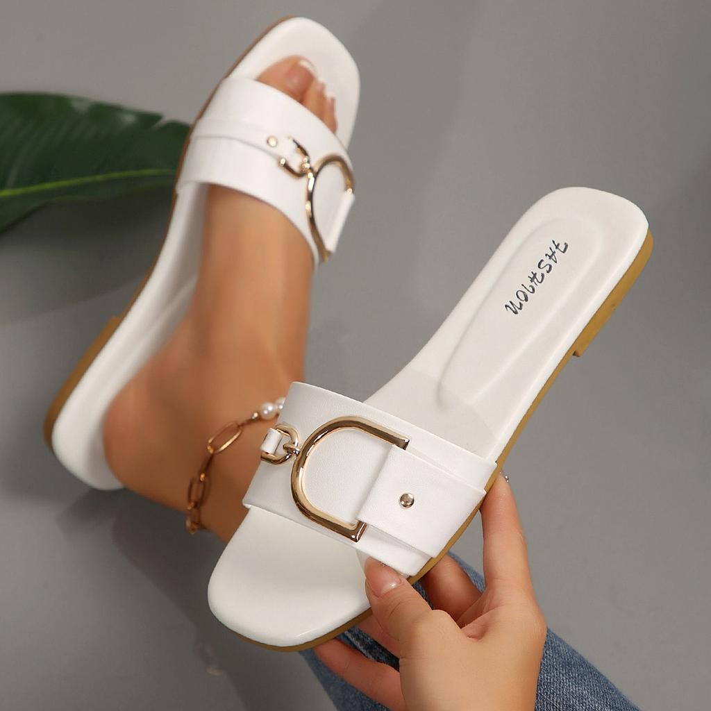 Women's Shoes, New Fashion Slippers, Classic Temperament Match, Solid Color Metal Decoration Square Head Flat Sandals