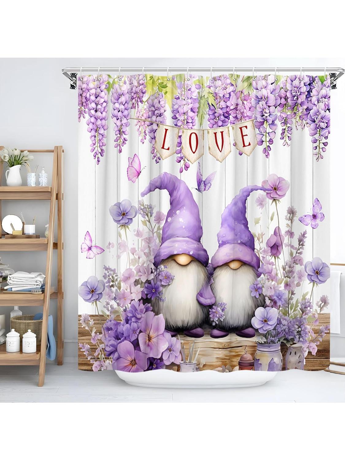 Lavender Gnome Shower Curtains Watercolor Purple Weeping Wisteria Vine Floral Butterfly on Rustic Barn Wooden Board Farmhouse 90x180CM