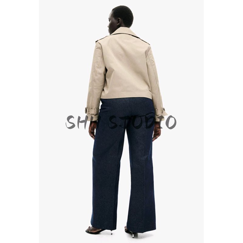 New Fall Women's Clothing Loose Design Flat Collar Long Sleeves Double Breasted Short Imitation Trench Coat Outwear 1202762