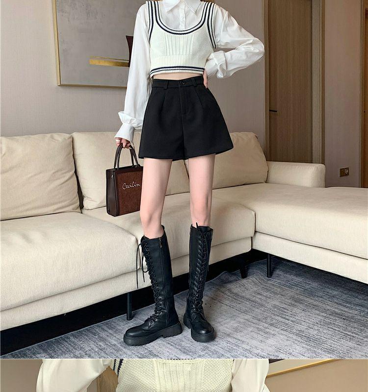 Dámské černé vlněné šortky s vysokým pasem, áčkového střihu a širokými nohavicemi pro jaro, podzim a zimu