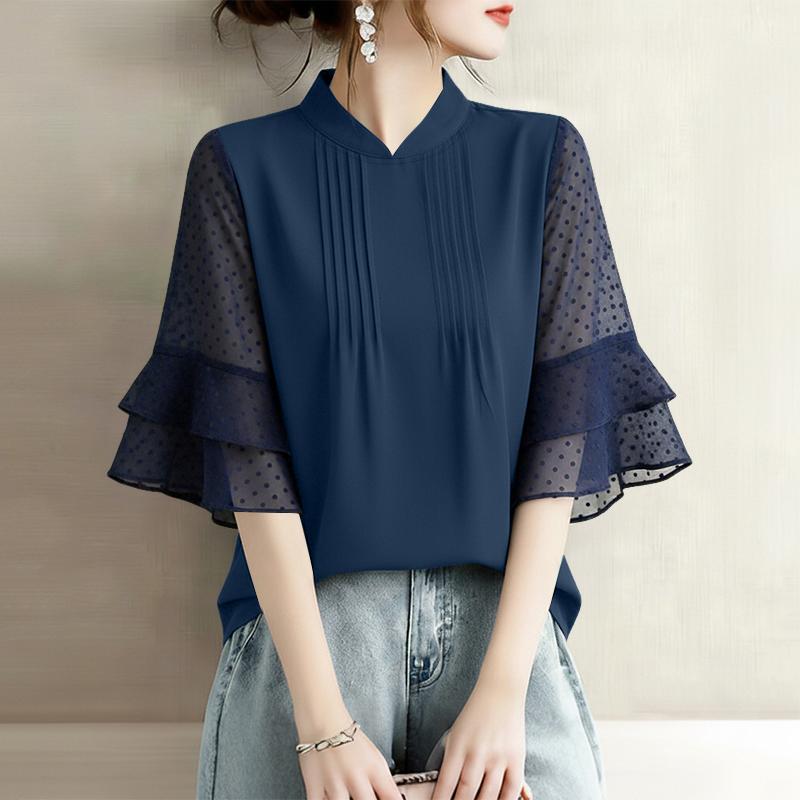 ZANZEA Women Casual Stand Collar Loose Sheer Mesh Splice 3/4 Sleeve Blouse