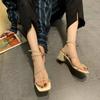 Temperament Sandals Super Fairy Wind Middle Heel 2025 Summer New Rhinestone Internet Celebrity Thick Heel Niche Roman Shoes Tide