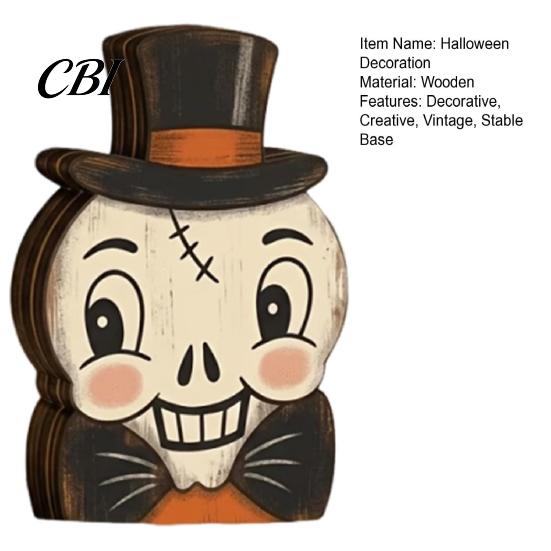 Durable Wooden Party Ornaments Halloween Vintage Ornaments, Cute Bat/Black Cat/Owl/Pumpkin/Ghost/Skull Decorations, Retro Indoor Room Decor Distressed