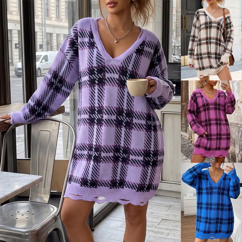 Womens Winter Knit Dress Loose Fit V-Neck Long Sleeve Plaid Color Block Midi Sweater