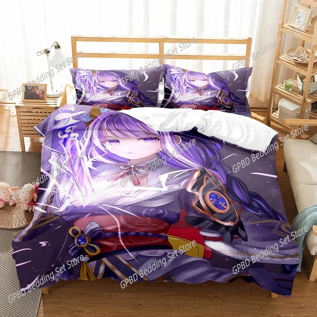 Luxury New 3D Print Genshin Impact Raiden Shogun Pillowcase Bedding Bag Cartoon Set Anime Bedding Decoration Cute Quilt Cover