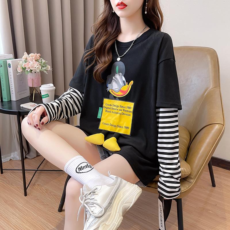Spring Autumn O Neck Fashion Printing Striped Patchwork T-shirt Women Long Sleeve Loose Casual Bottomed Tee Top