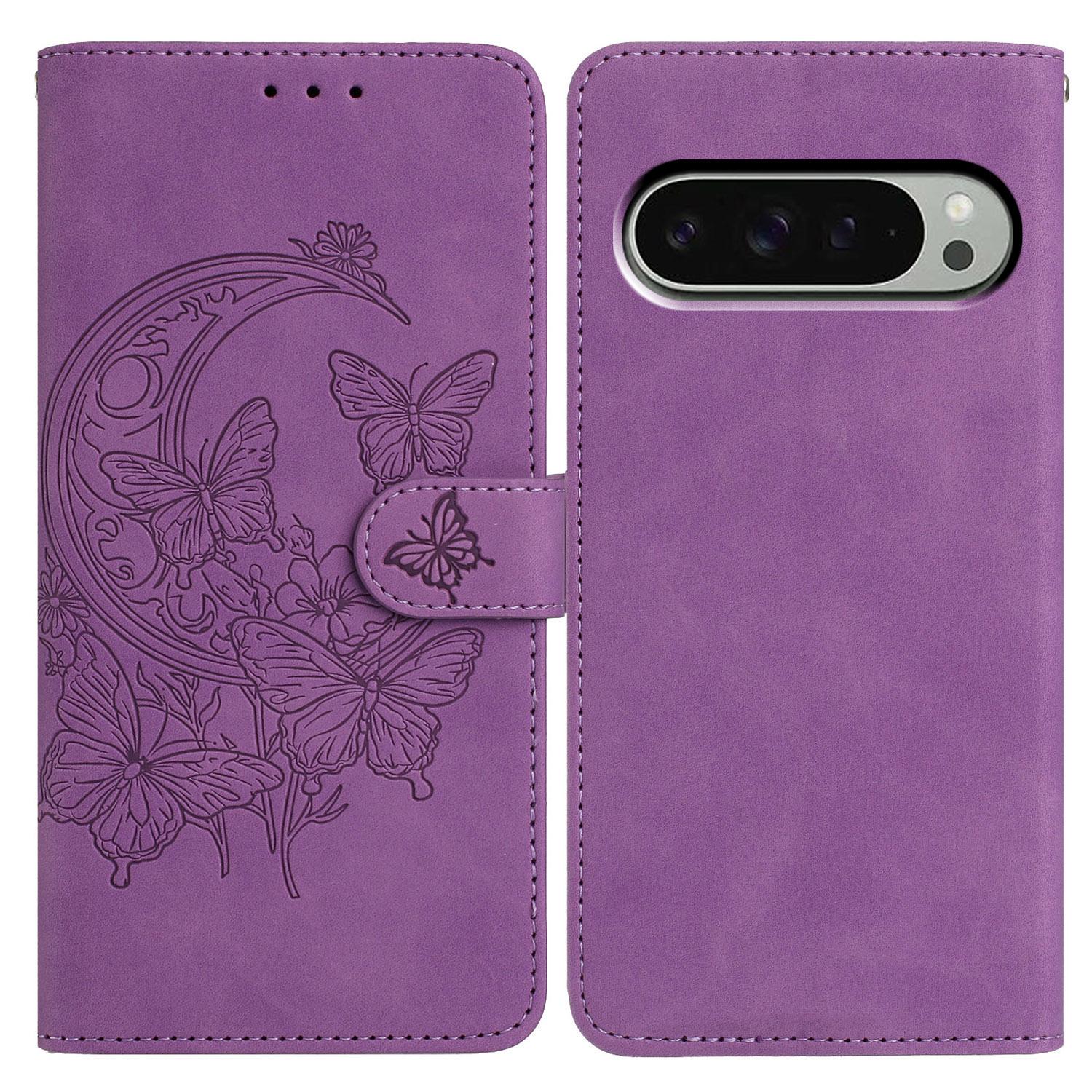 

For Google Pixel 10 Pro/Pixel 10 Case Butterfly Flower Imprinted PU Leather Wallet Stand Phone Cover Purple