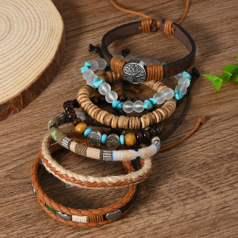 New Coconut Shell Wood Beads Beaded Soft Pottery Pearl Stone Leather Men's and Women's Bracelets Bracelets 7-piece Set