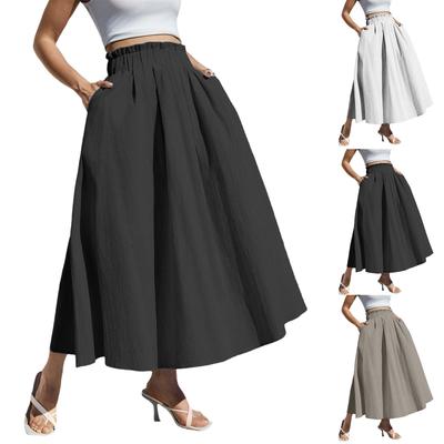 Women's Ruffled Spring Casual Long Skirt Plain Color Skirt Retro Pleated Skirt