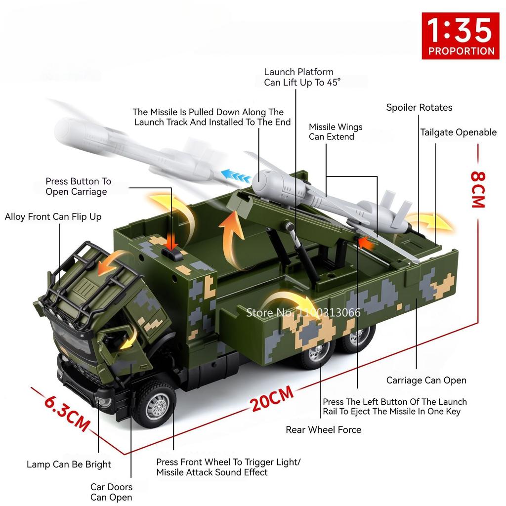 1:35 FL-10A Miniaturmodellautos Spielzeug Räder Rückziehmotor Türen zu öffnen Militärische Raketenfahrzeuge Transport LKW Modell Heimdekoration