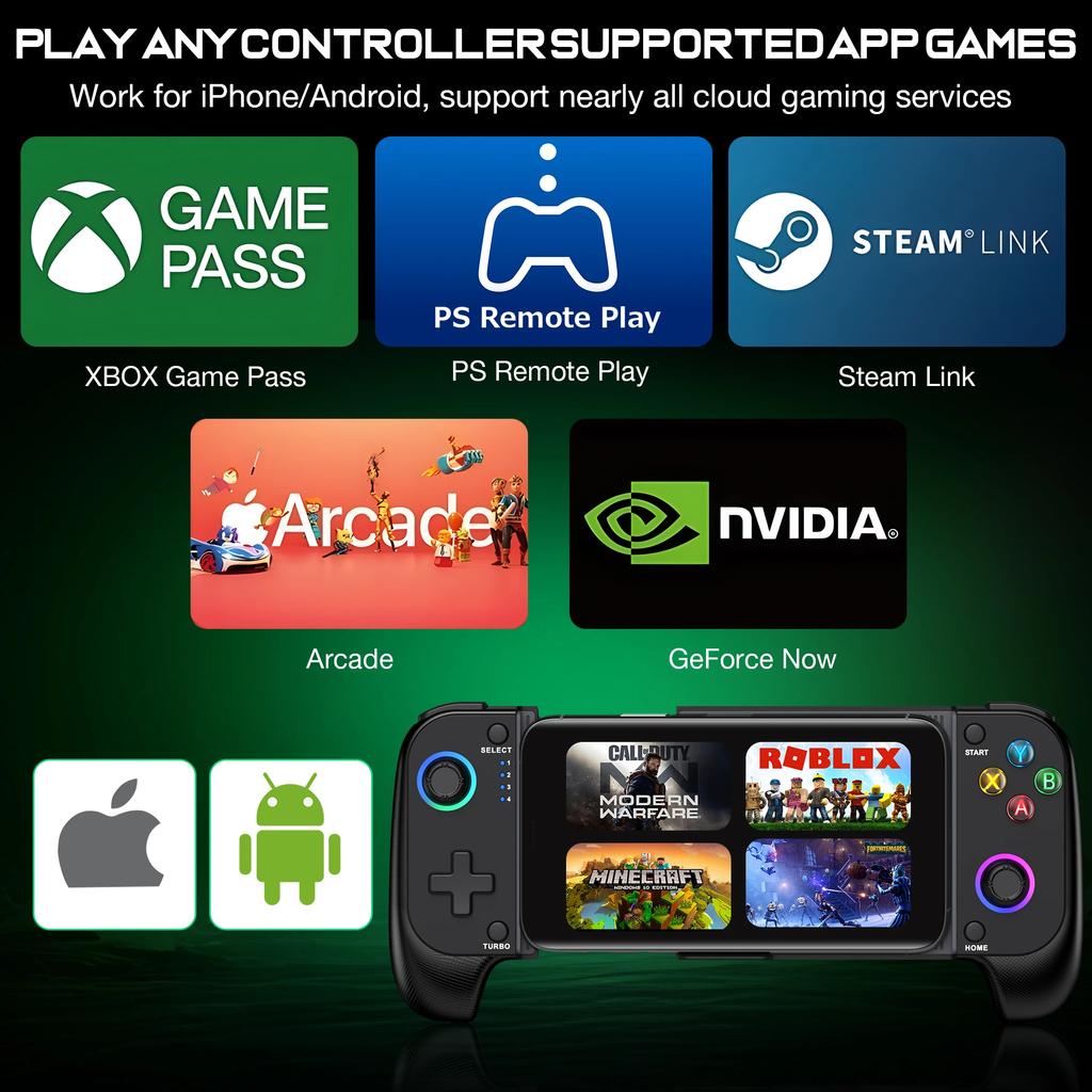 For Mobile Game Controller for iPhone and Android with RGB Light,Support Play PS Remote Play, Xbox Cloud and More