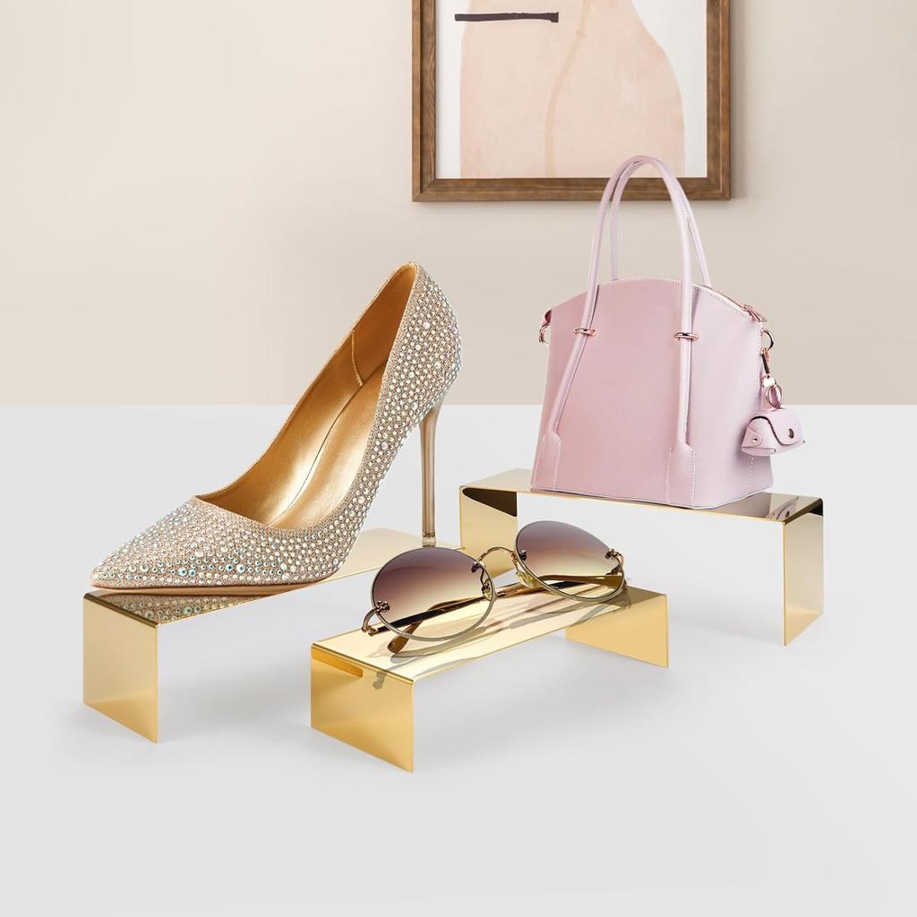 Purse Display Stand, 3 Pcs Large Gold Stainless Steel Display Risers, Gold Risers Display Stands, Large Gold Perfume Stand Display for Jewelry Shoe