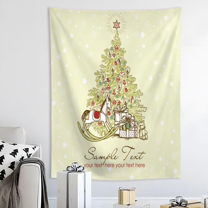 White Gold Floral Christmas Tree Wall Tapestry Merry Text Bird Leaf Ornament Elegant Minimalist Holiday Aesthetic Home