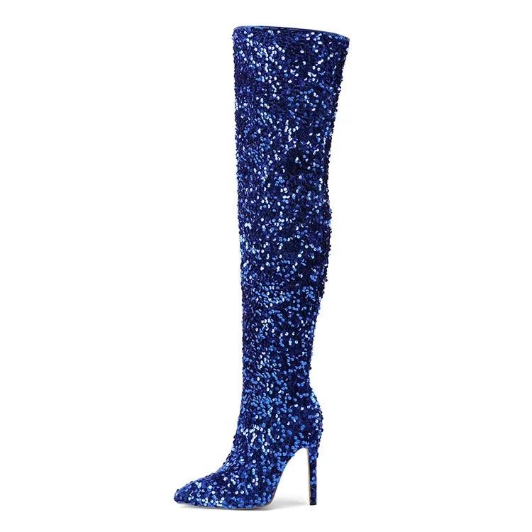 Europäische und amerikanische sexy Paillettenstoffe mit Farbverlauf, High Heels, Seitliche Reißverschlüsse, Knielange Mode-Stiefel, Damenstiefel mit dicker Sohle